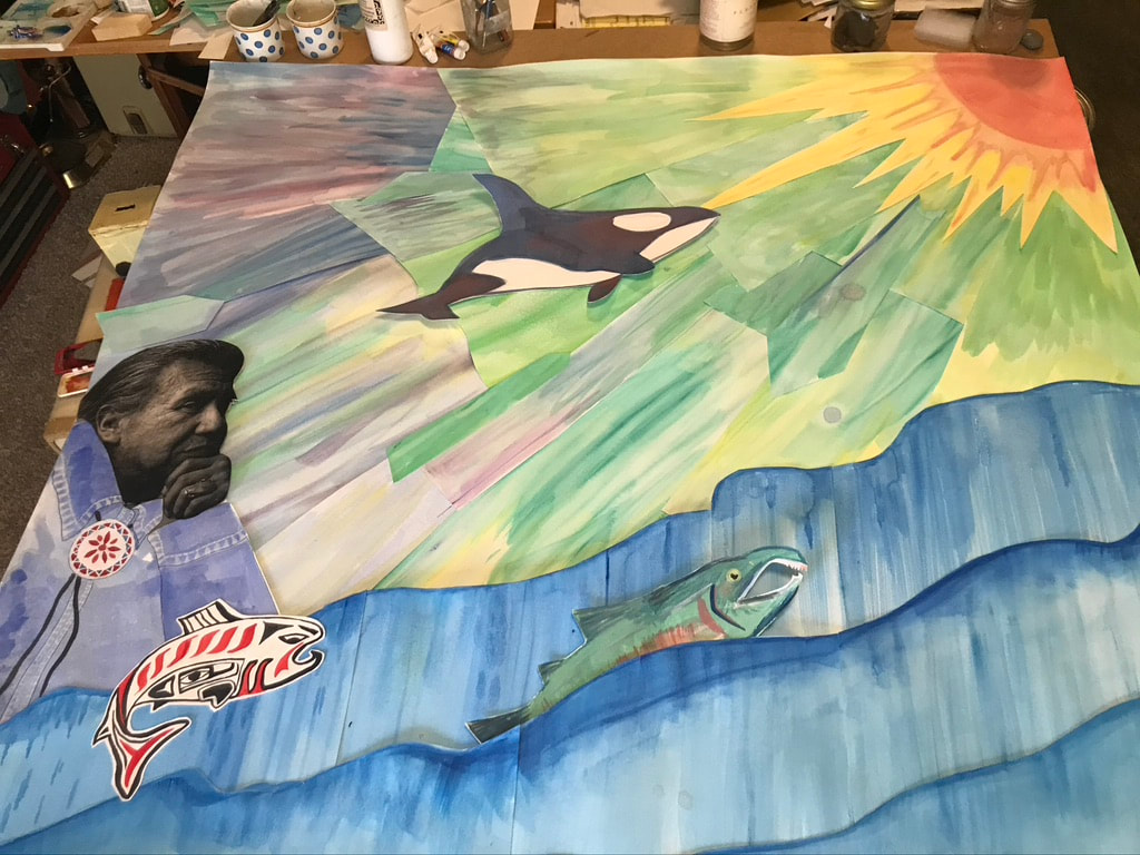 Photo of Watercolor collage with Billy Frank Jr staring at a sea and skyscape with orca, salmon, and many colors of light.
